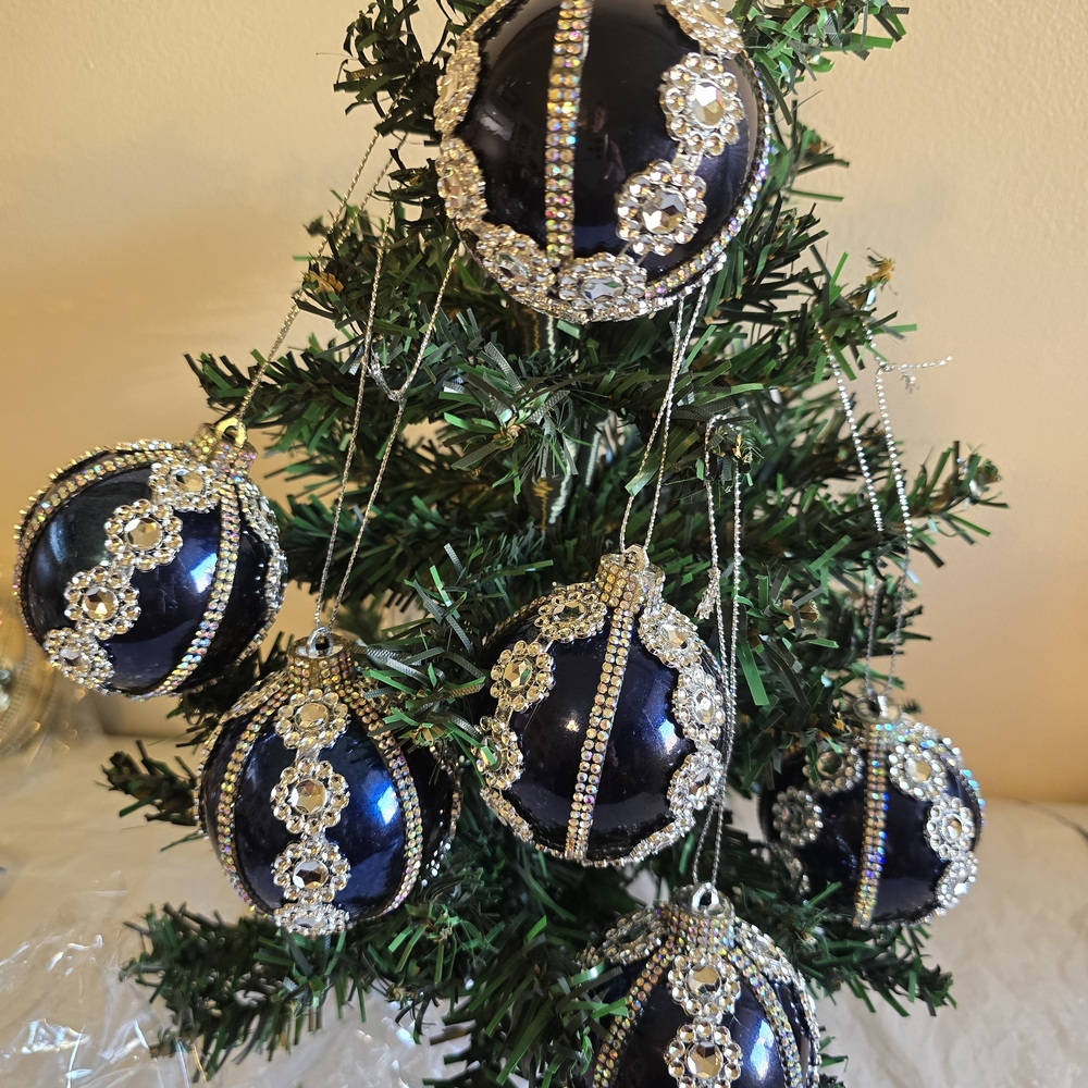 Luxurious Blue and Silver Holiday Ornaments New 6 Piece 2.5 Inch Handmade